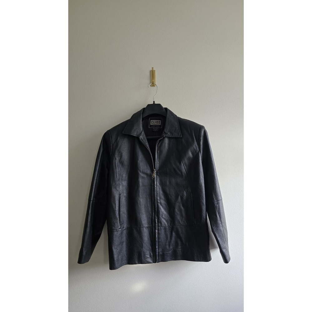 Clio II Genuine Leather Jacket Mens XL Black Zip Front Coat Classic Minimalist